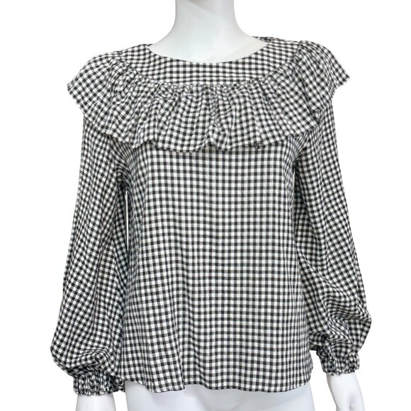 Zara Woman Gingham Check Ruffle Blouse Long Sleeve Black White Size L - Picture 1 of 4